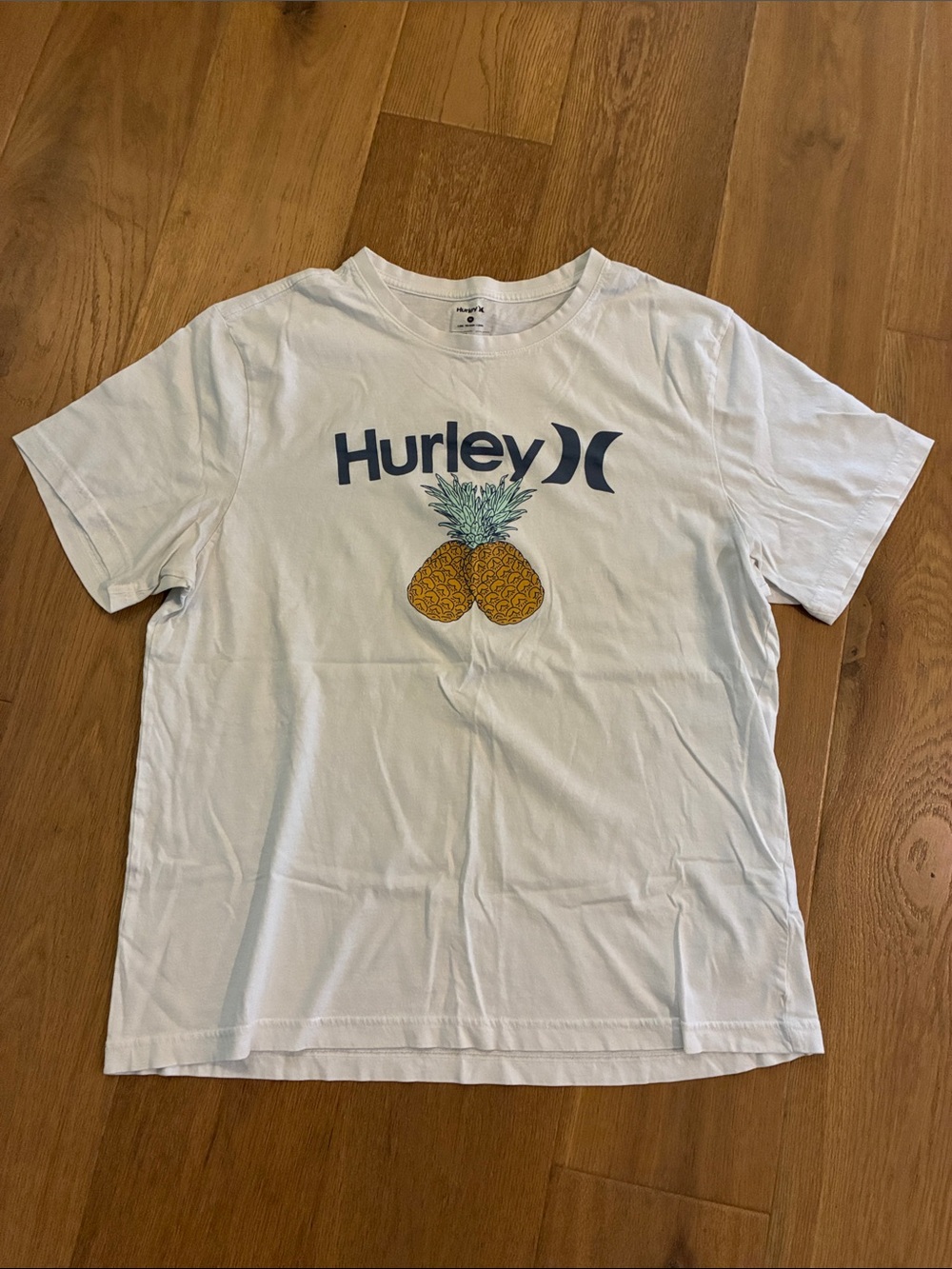 Hurley White Tee with Blue Logo and Yellow Pineapple Graphic